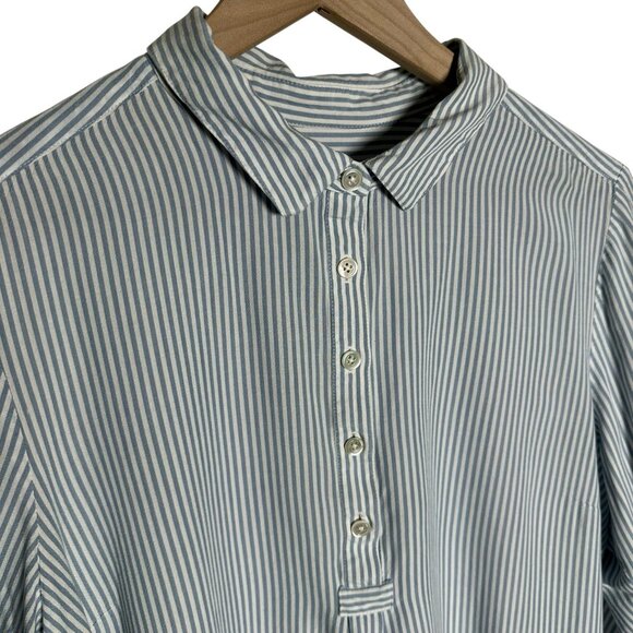 J.Jill Womens Blue White Stripe Roll Tab Sleeve Blouse Sz Large Coastal Preppy - Picture 8 of 12